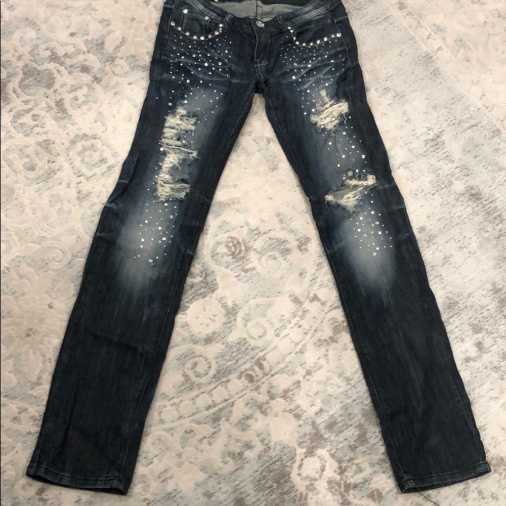 Machine Low Rise Embellished Distressed Jeans - Picture 1 of 5